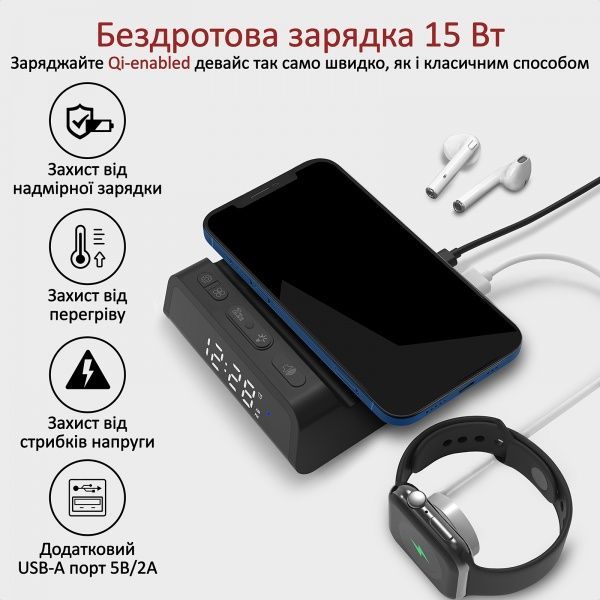 Бездротовий зарядний пристрій Promate TimePad-Qi з годинником-будильником 15 Вт Black