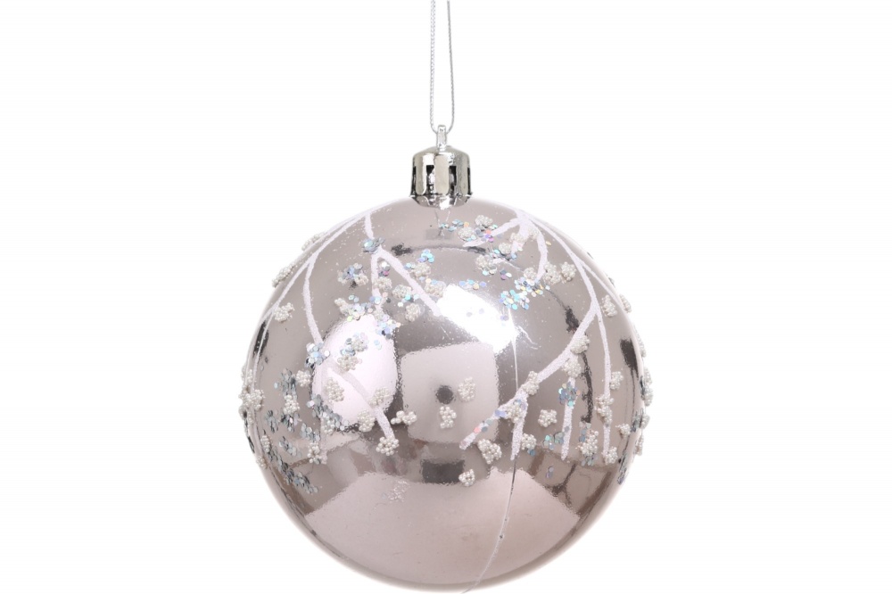 Набор елочных шаров с веточками розово-белый d 80 мм 6 шт./уп.