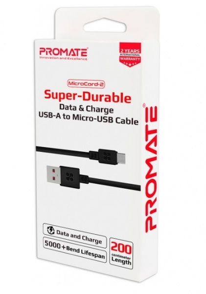 Кабель Promate USB – microUSB 2 м чорний (microcord-2.black) 