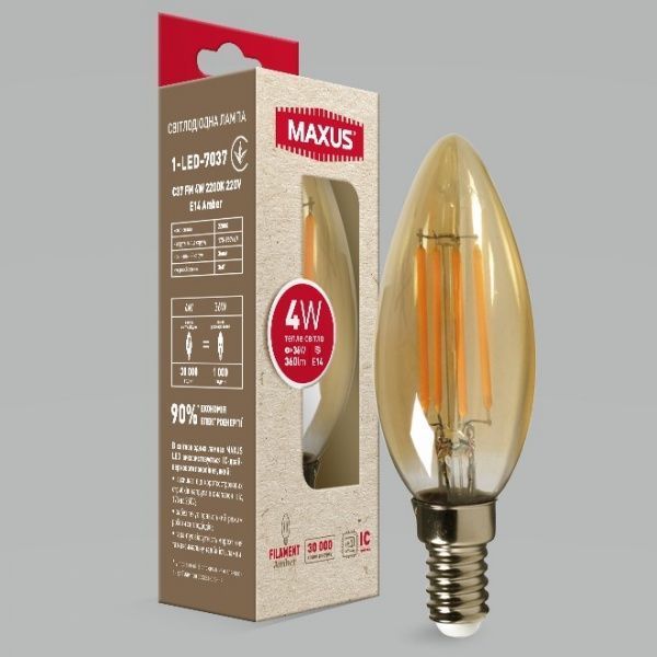 Лампа светодиодная Maxus Amber 1-FIL-7037 C37 4 Вт E14 2200 К 220 В прозрачная 