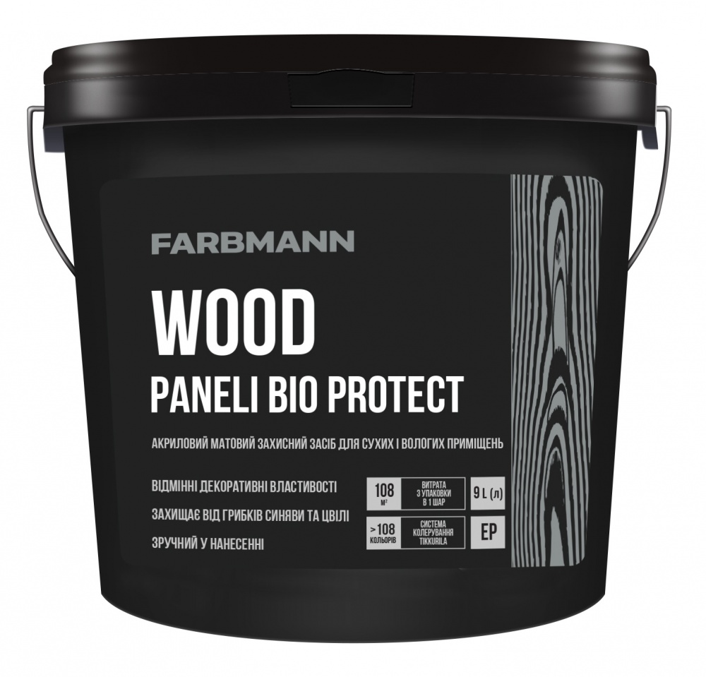 Лак акриловый Wood Paneli Bio Protect база ЕР Farbmann мат бесцветный 9 л