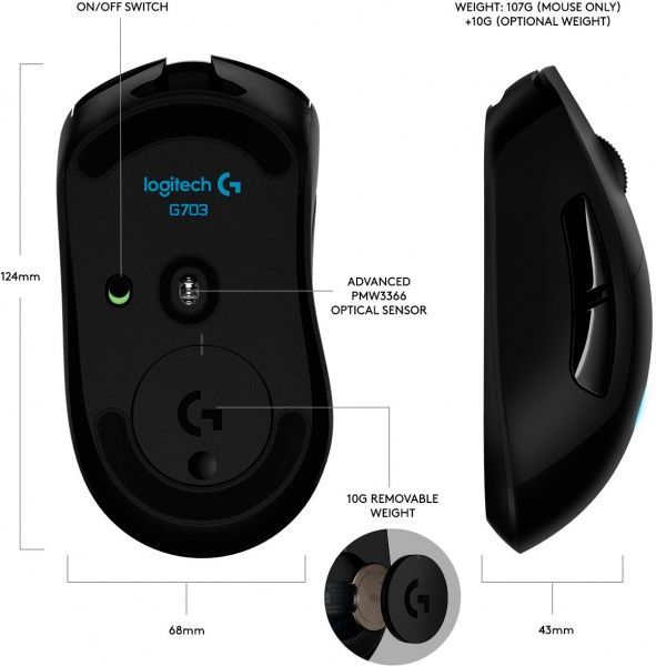 Мышь Logitech Gaming Mouse G703 Lightspeed 910-005093 black 