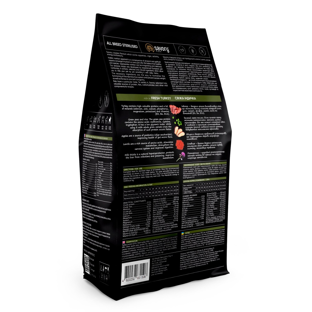 Корм для стерилізованих собак для усіх порід Savory Sterilised індичка 3 кг