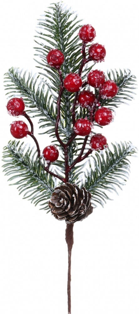 Веточка декоративная забеленная с красными ягодами и шишками 26 см