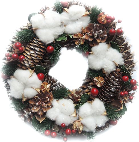 Вінок новорічний з бавовною, шишками і ягодами 709318522B d250 мм 