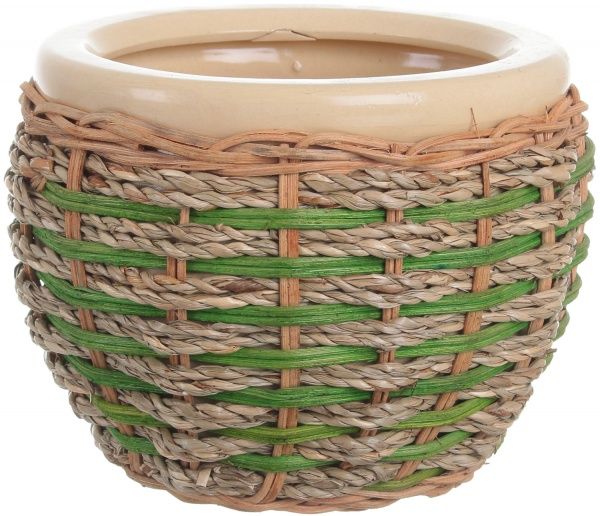 Горщик Viet Thanh Ceramic з блюдцем плетений 16х13 см VT.11342-3 круглий бежевий із зеленим 