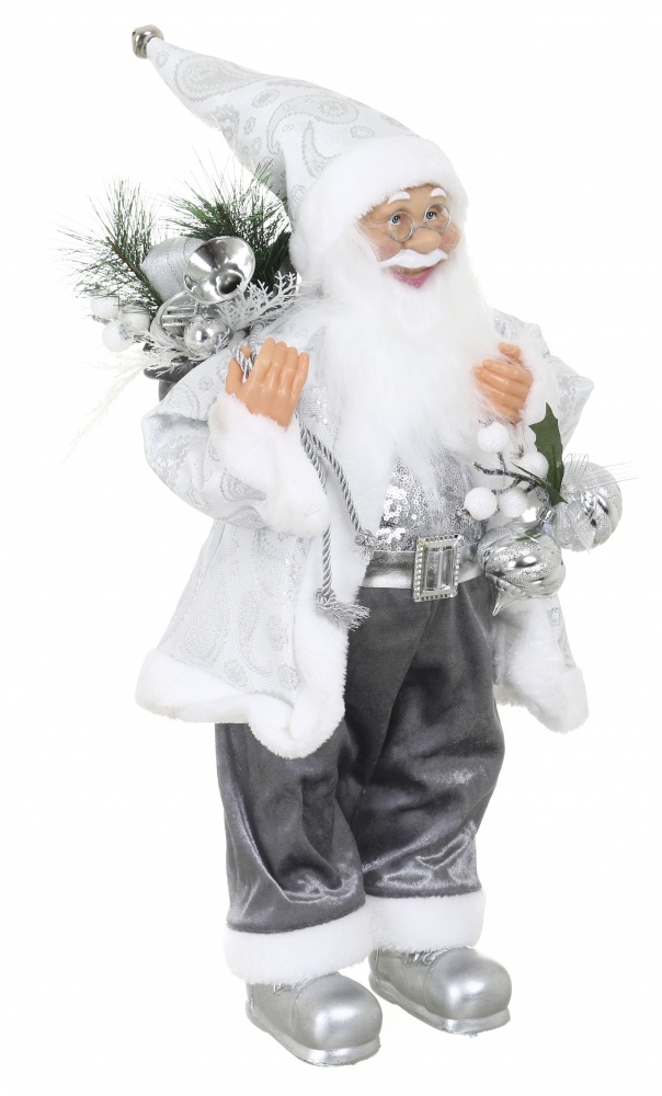 Декоративна новорічна фігура Санта з мішечком біло-сірий 60 см