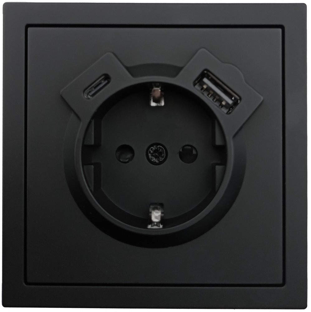 Механізм розетки побутова + USB + Type C із заземленням HausMark Juna IP20 чорний матовий 7041-1788U2-181TC