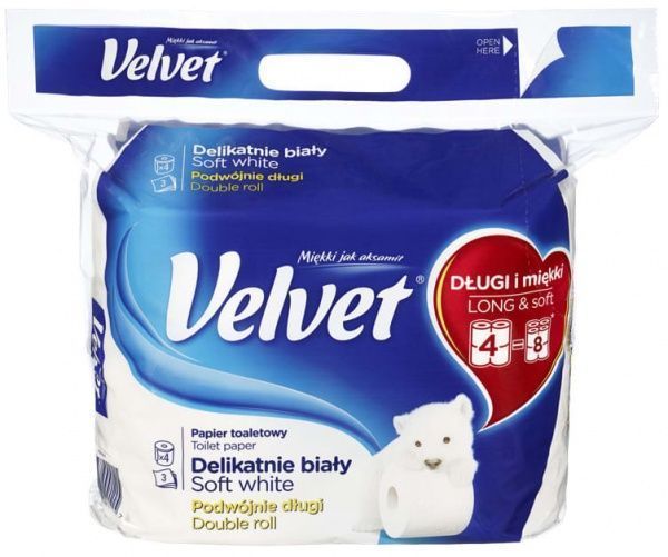 Туалетний папір рулонний на гільзі Velvet Делікатний тришаровий 4 шт.