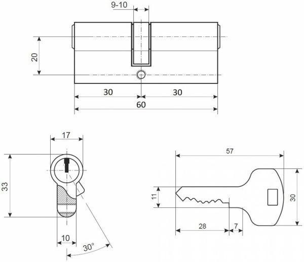 Цилиндр Apecs EC-60-G (CIS) 046300 30x30 ключ-ключ 60 мм желтый