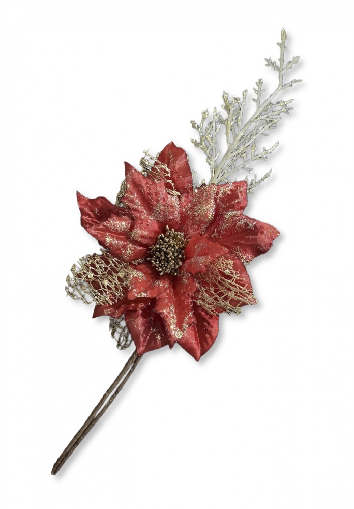 Квітка декоративна Пуансетія з гілкою 3 асортименти d10 см