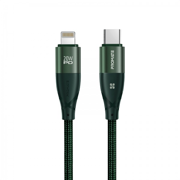 Кабель Promate iCord-PD20 USB-C to Lightning 3А 1,2 м зелений (icord-pd20.midnightgreen) 