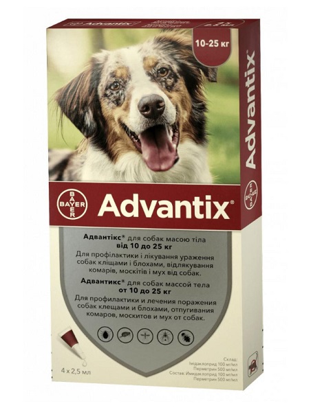 Капли Bayer Advantix для собак от блох и клещей на холку 10-25 кг, 1 шт., 2,5 мл (за 1 п-тку, 4 в уп.) 17073