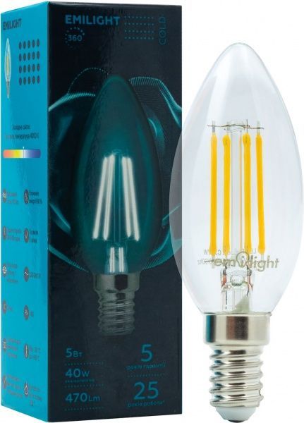 Лампа світлодіодна Emilight FIL C35 5 Вт E14 4000 К 220 В прозора 