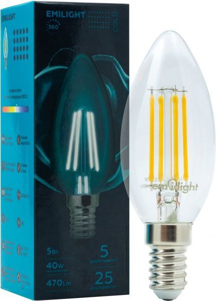 Лампа світлодіодна Emilight FIL C35 5 Вт E14 4000 К 220 В прозора 