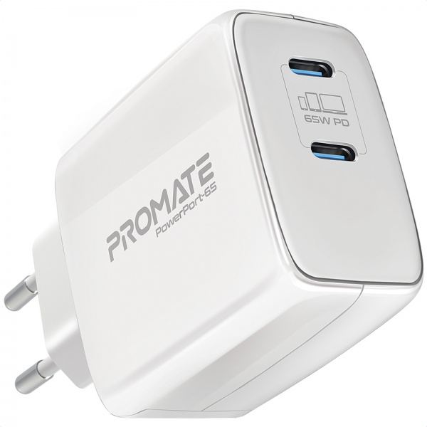 Мережевий зарядний пристрій Promate PowerPort-65 Вт, 2хUSB-C Power Delivery white 