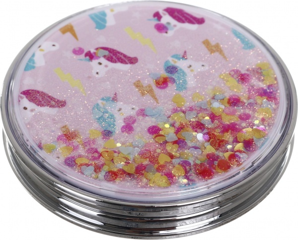 Зеркало карманное косметическое Лідер Канц Единорог с сыпучими блестками круглое 12 вариантов в ассортименте 