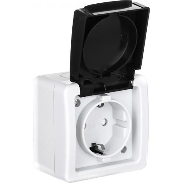 Розетка вологозахищена із заземленням Титан зі шторками з кришкою білий із чорним 88622