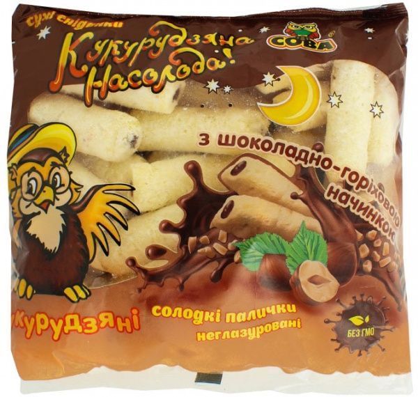Палочки кукурузные Сова с шоколадно-ореховой начинкой 115 г
