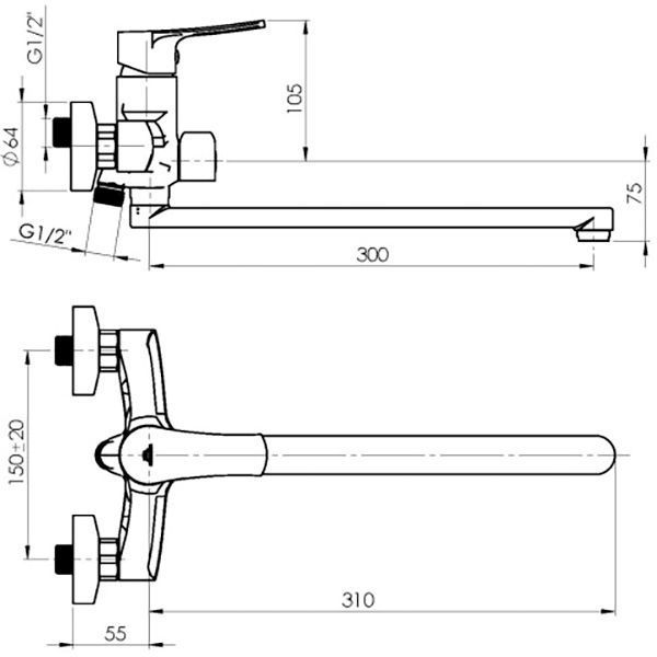 Смеситель для ванны Rubineta с лейкой и душевым шлангом Nica-11/C длинный гусак NI11CK08