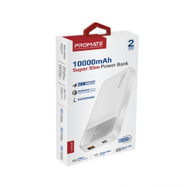 Універсальна мобільна батарея Promate 10000 mAh white (torq-10.white) USB-C PD, USB-А QC3.0 