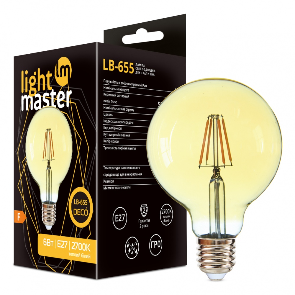 Лампа светодиодная LightMaster LB-655 Filament Deco G95 6 Вт E27 2700 К 230 В желтая 81050