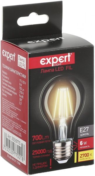 Лампа світлодіодна Expert FIL А50 6 Вт E27 2700 К 220 В прозора 