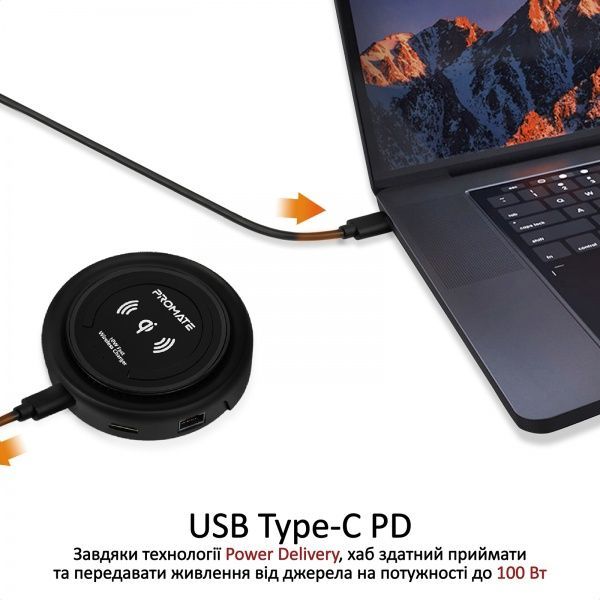 USB-хаб Promate CenterHub USB-C PD/10W Wireless Charger/HDMI/2xUSB 3.0/USB-C 3.1/RJ45 Black