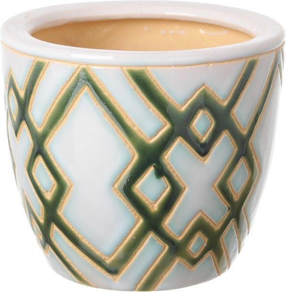 Горщик Viet Thanh Ceramic з блюдцем ромб 16х14 см VT.10796-3 круглий білий із зеленим 