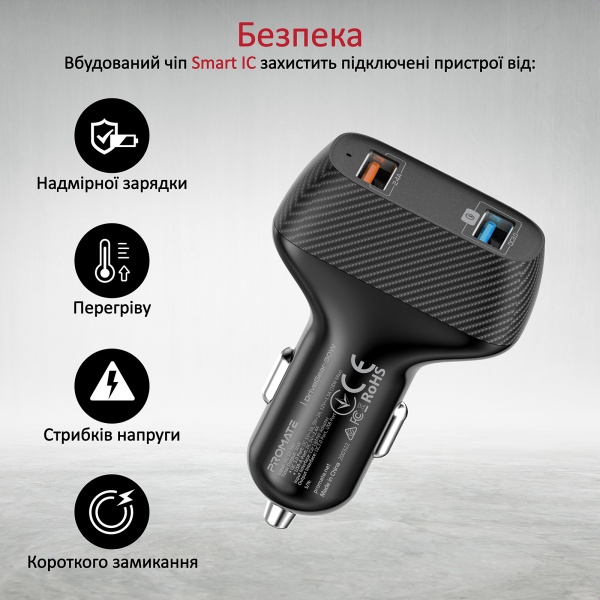 Зарядное устройство Promate DriveGear-30W USB QC 3.0 + USB 2.4A Black 