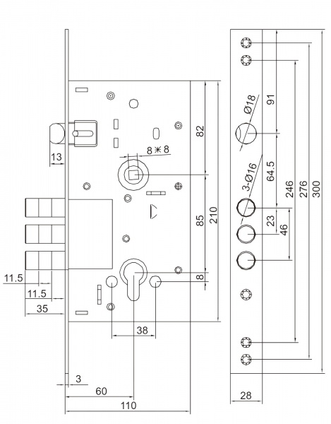 Дверний замок вхідний SANTOS 1-WAY DIN 252RL-C NC UNIV BS60 мм 85 мм нікель сатин