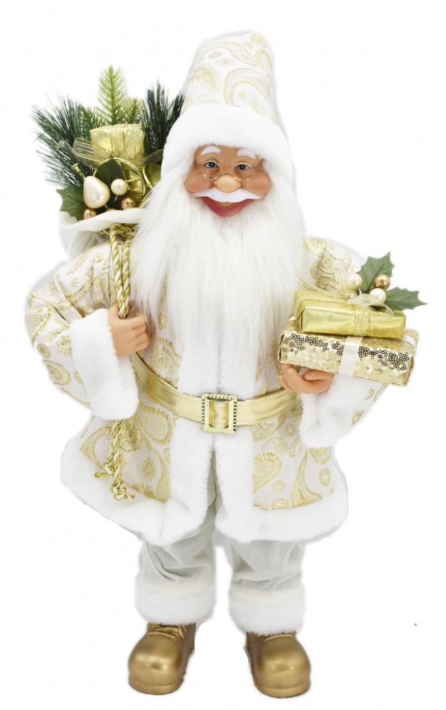 Декоративная новогодняя фигура Санта с подарками бело-золотой 60 см
