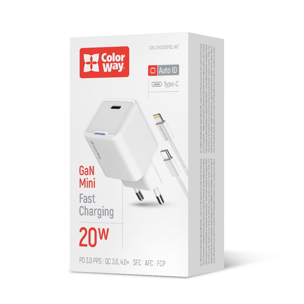 Зарядное устройство ColorWay GaN Mini 20W PD Port PPS USB-C белое cable Lightning (CW-CHS059PDL-WT)