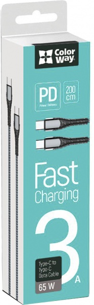 Кабель ColorWay USB Type-C - USB Type-C (PD Fast Charging 65W) 3А 2 м grey (CW-CBPDCC039-GR) 