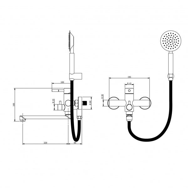 Змішувач для ванни VIDAN Alvaro AISI-304 з душовою лійкою та шлангом у комплекті (IN-H7008A)
