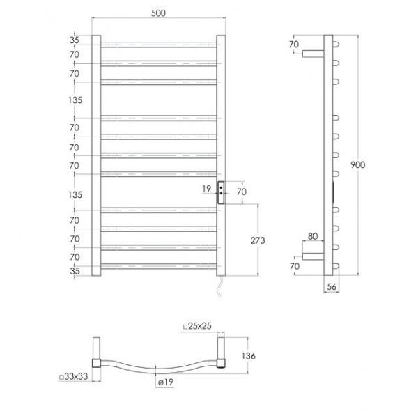Полотенцесушитель электрический Imprese IHC509011121 11П (3-4-4) 500х900 сатин правый