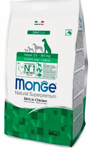 Корм Monge Dog Maxi Puppy & Junior для щенков больших и очень больших пород со вкусом курицы и риса 800 г