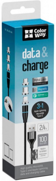 Кабель ColorWay USB - 3в1 Lightning + Micro 5P + Type-C Magnetic 1 м чорний 