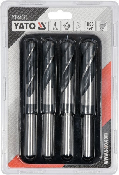 Набор сверл по металлу YATO HSS 4241 d14-20 мм 75/150 мм для нержавеющей и конструкционной стали 4 шт. YT-44625