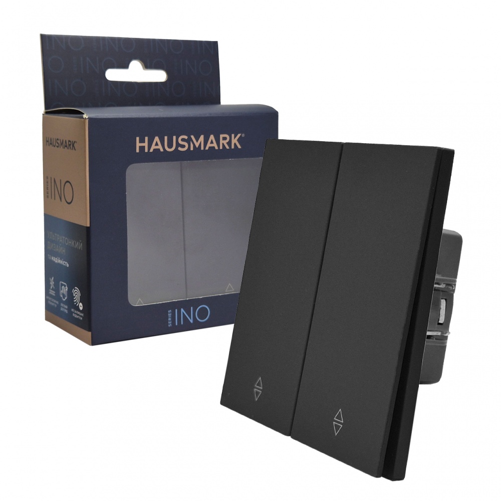 Вимикач прохідний двоклавішний HausMark INO без підсвітки чорний WS-2G-EU-Black