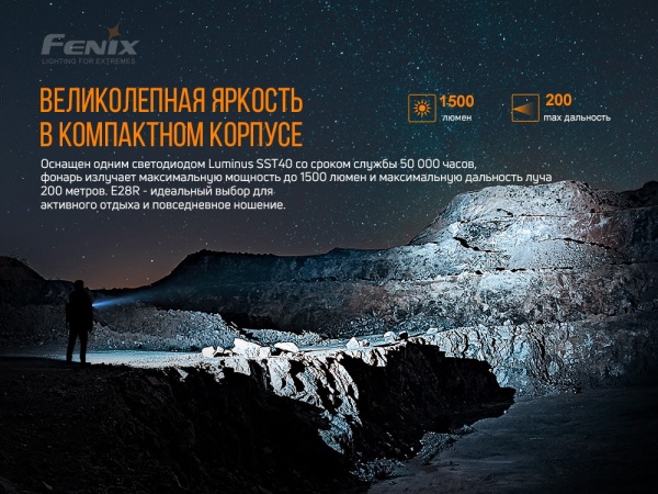 Фонарик Fenix РУЧНОЙ E28R, 1500лм, 200м черный