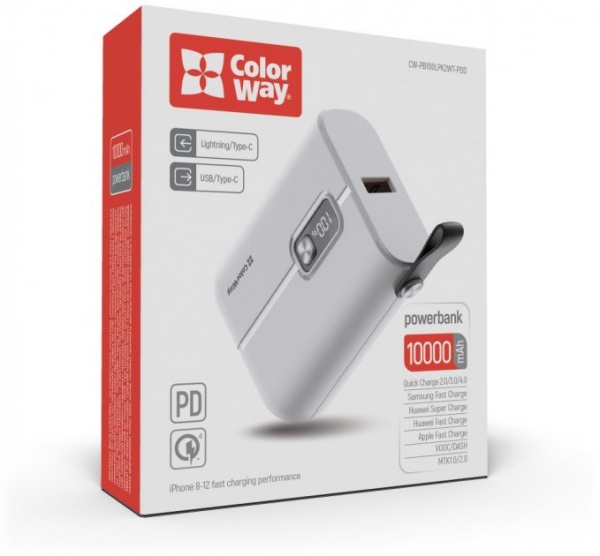 Внешний аккумулятор (Powerbank) ColorWay Full power Ligthning + USB QC3.0 + USB-C PD 22.5W 10000 mAh white (CW-PB100LPK2WT-PDD) 