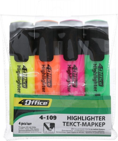 Набір текстових маркерів 4Office 1-5 мм 4 шт. 4-109/4 різнокольоровий 