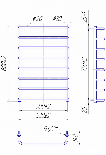 Рушникосушарка водяна Mario Стандарт 800х530/500 чорний мат