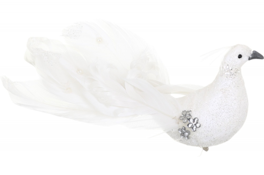 Декорація пташка королівська з пір'ям 21 см білий D183011