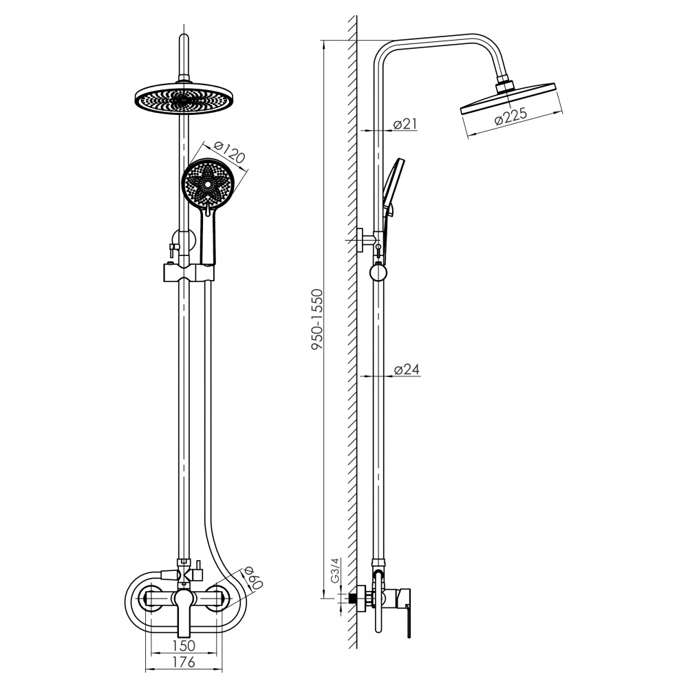 Душова система RJ LUX P (змішувач для душу, душ d225 мм, лійка 120 мм 3 режими, шланг 1500 мм PVC), хром