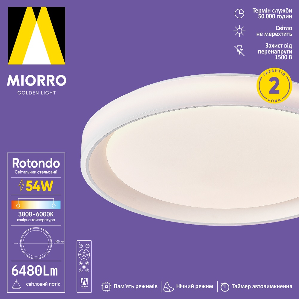 Светильник потолочный Miorro LED Rotondo с пультом 6480 Лм ∅400 мм 54 Вт белый 51-313-031