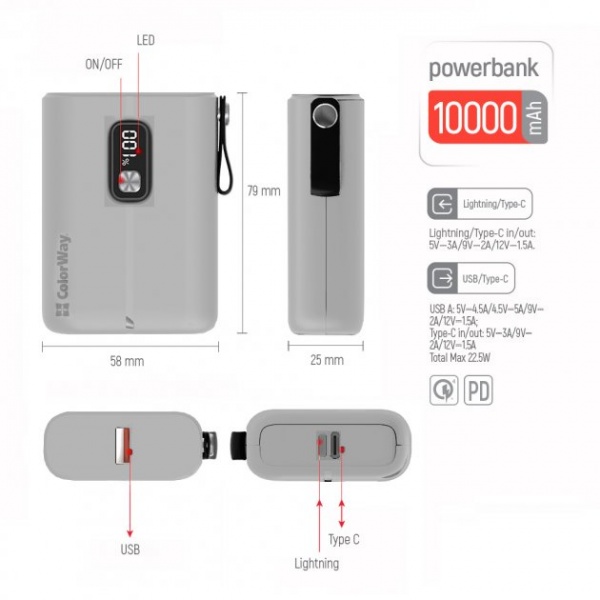 Внешний аккумулятор (Powerbank) ColorWay Full power Ligthning + USB QC3.0 + USB-C PD 22.5W 10000 mAh white (CW-PB100LPK2WT-PDD) 