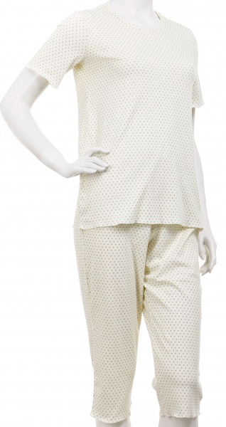 Комплект домашний женский Горошек голубой футболка и капри р. S молочный