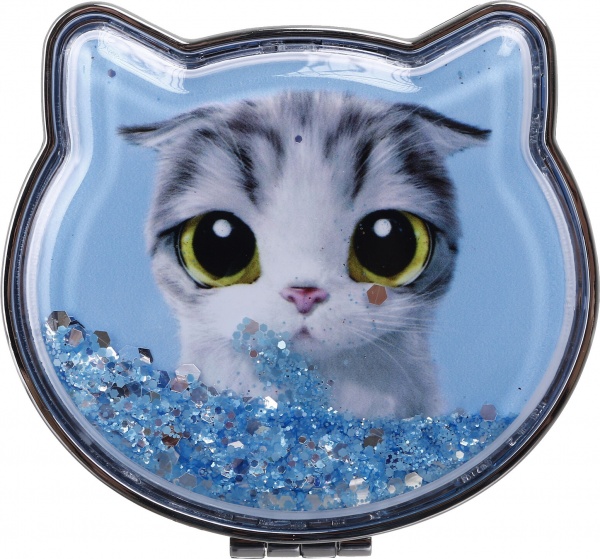 Зеркало карманное косметическое Лідер Канц Котик с сыпучими блестками фигурное 12 вариантов в ассортименте 